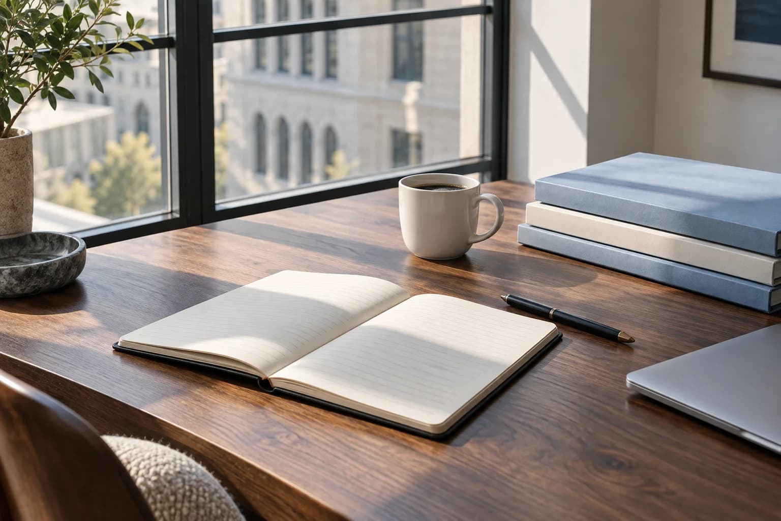 A notebook and document folders on a quiet, sunlit workspace